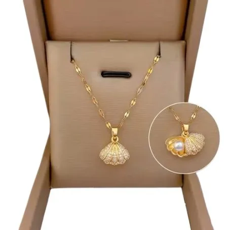 Collier coquillage perle avec coquille saint jacques doré en acier inoxydable dans boite à cadeau