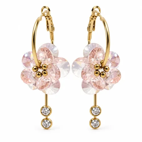 Boucles d'oreilles fleur Éclat rose, créoles dorées avec fleur en cristaux rose poudré