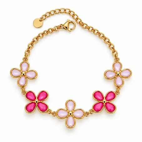 Bracelet fleur Elia rose doré avec fleurs en pierres fuchsia et rose pâle