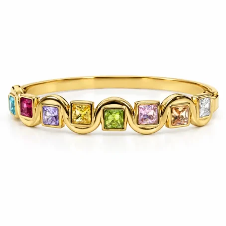 Bracelet jonc Cubie doré serti de pierres carrées multicolores