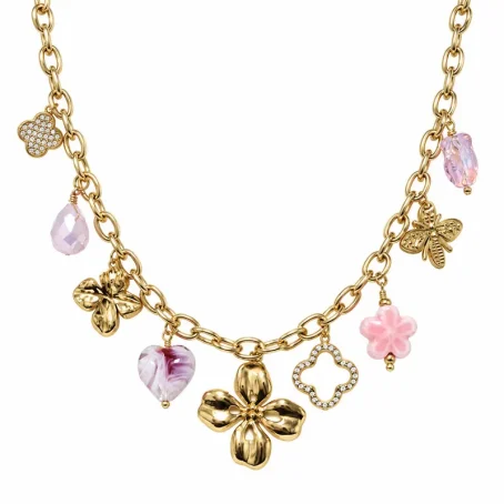 Collier breloque Rosia doré en acier inoxydable avec charms fleur, cœur, papillon et perles roses