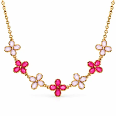 Collier fleur Elia rose en acier inoxydable doré avec fleurs en pierres roses